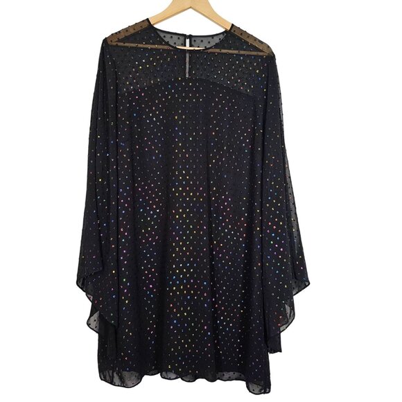 Trina Turk XL Black Rainbow Clip Dot Polkadot Tunic Top Sheer‎ Slit Bell Sleeve - Picture 5 of 15